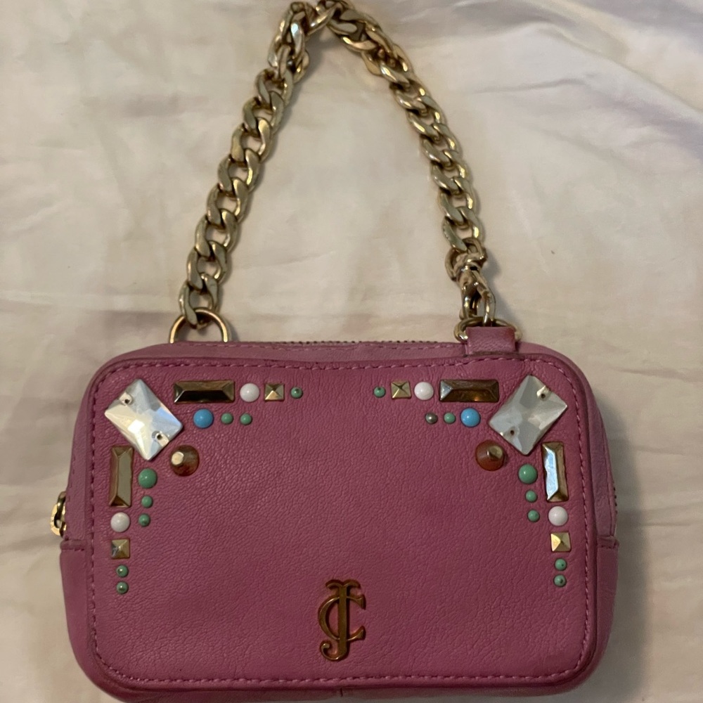 Juicy Couture lavender colored leather rhinestone wristlet purse